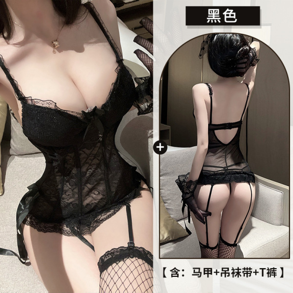 Rabbit Girl Lingerie Set - Sexy Open-Crotch Costume with Underwire Bra & Padded Cups, Hot Bunnies Outfit 5425 - Black + Black Fishnet Stockings