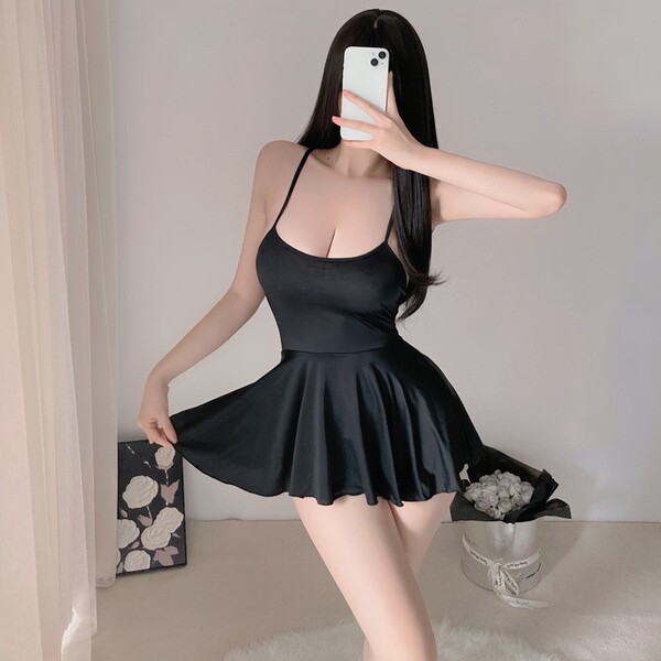Pure & Alluring Silk-Look Lace Sleep Dress - Sexy Sheer Babydoll Nightgown with Backless Design for Women - Black + Black Fishnet Stockings