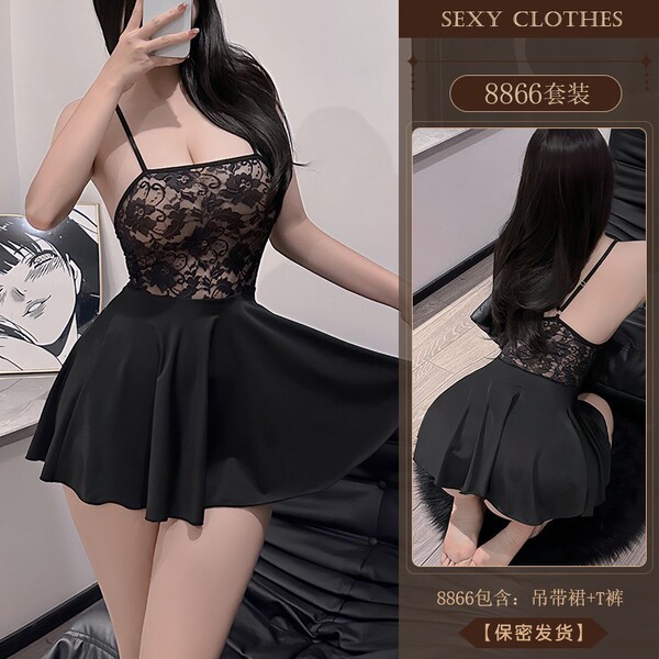 Sexy Lace Sleep Dress - Sheer Temptation Nightgown Set for Women, Pure & Seductive Lingerie - Black + Black Fishnet Stockings