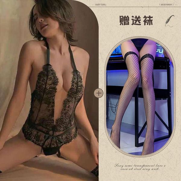 Mannyqing Sexy Lace Bodysuit with Open-Crotch & Halter Neck – Alluring Lingerie Set for Women - Black + Black Fishnet Stockings