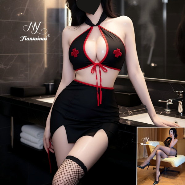 Sexy Nurse Costume for Women - Seductive Role Play Lingerie Set with Halter Neck Design - Black + Black Open Crotch