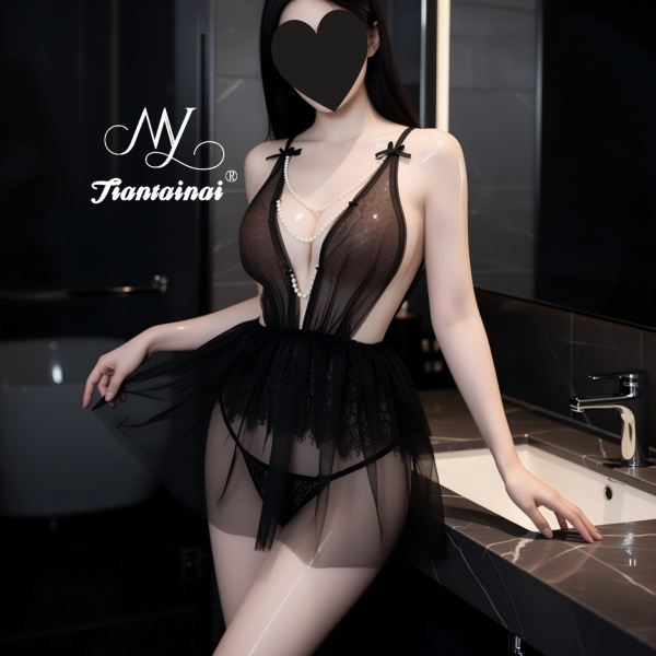 Seductive Sheer Lace Sleepwear Set - Sexy Transparent Lingerie for Women, Pure & Tempting Nightwear - Black + Black Opening