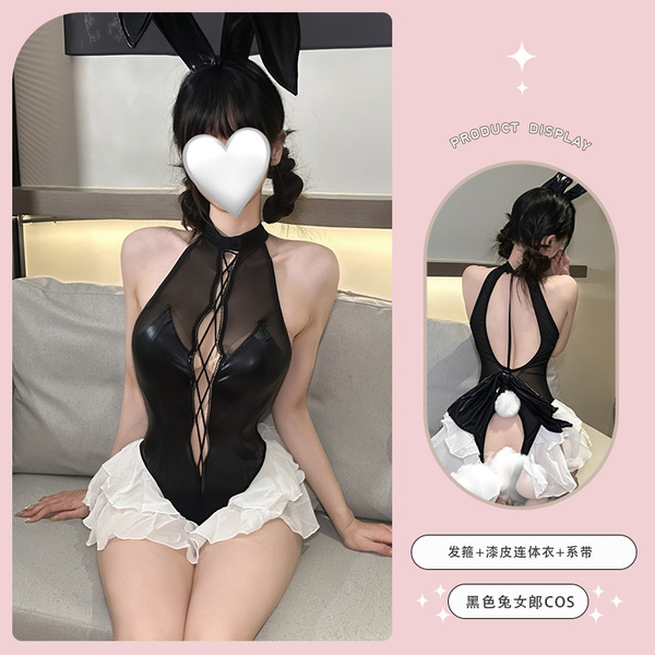 Sexy PVC Lace Bunny Costume - Mesh Rabbit Girl Bodysuit with Ties, Open-Front Latex-Inspired Erotic Outfit - Black stockings with black lace trim