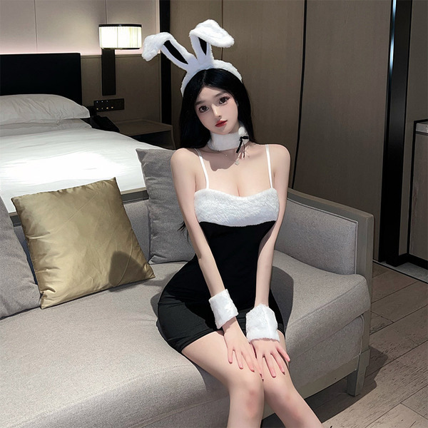 Sexy Bunny Girl Costume Set - Christmas Role Play Outfit, Tight Mini Dress & Matching Accessories - Black + black socks
