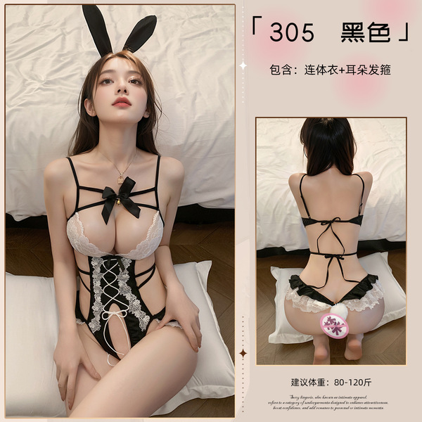 Seductive Lace Sheer Bunny Girl Outfit -Abstinence-Inspired Erotic Bodysuit with Open-Crotch Design - Black suit + black ribbed stockings