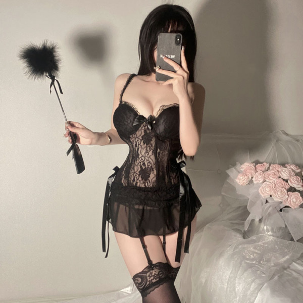 Pure & Playful Lingerie Set - Sexy Minimalist Women's Uniform Style Sleepwear with Corset Vest - Black + Black Stockings