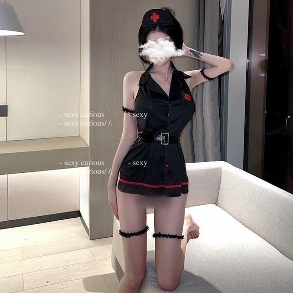 Pure & Seductive Nurse Costume Lingerie Set – Sexy Cosplay Sleepwear, No-Remove Design for Intimate Moments - Black + black stockings