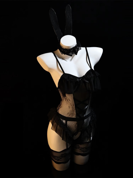 Pure & Playful Lingerie Set - Modest Yet Seductive Bunny Girl Sleepwear with Open-Crotch Design - Black + black stockings