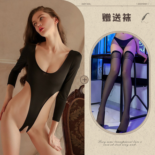 Qingran Sexy Lingerie Set - Sheer Passion Sleepwear Bodysuit with Open-Crotch Design, Pure Temptation Uniform Style - Black stockings with black stripes