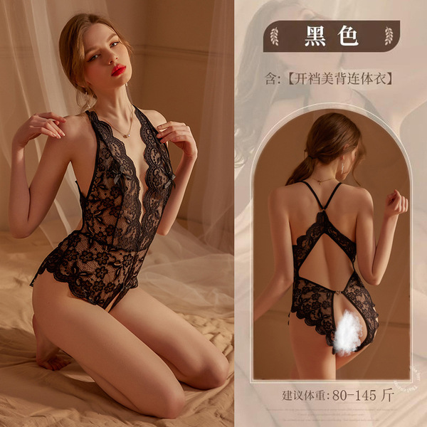 Lace Seductive Bodysuit for Women - Backless Open-Crotch Erotic Lingerie, Sexy European Style - Black bodysuit + black fishnet stockings