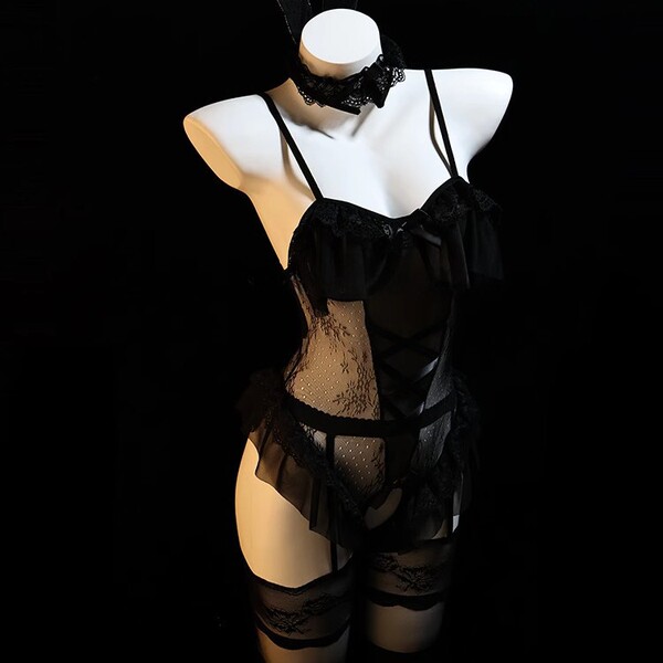 Pure & Tempting Lingerie Set - Modest Yet Sexy Open-Crotch Bunny Girl Cosplay Sleepwear Outfit - Black [bodysuit + headband + underwear]