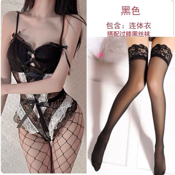 Sensual Lace Lingerie Set for Women - Pure & Passionate Maid Costume Sleepwear, Erotic Romantic Outfit - Black bodysuit + stockings