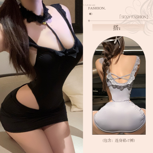 Pure & Seductive Lace Bodysuit - Sexy Q-QNY Style High-Waisted Bodycon Skirt Set for Women - Black bodysuit + pencil skirt + black stockings