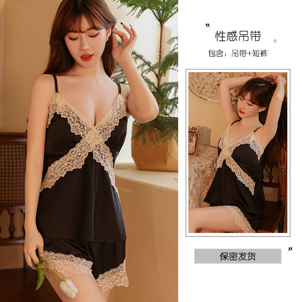 Silky Satin Sexy Lingerie Set - Summer Lace Slip Dress & Pure-Elegance Matching Underwear - Black tank top + shorts + jacket + belt