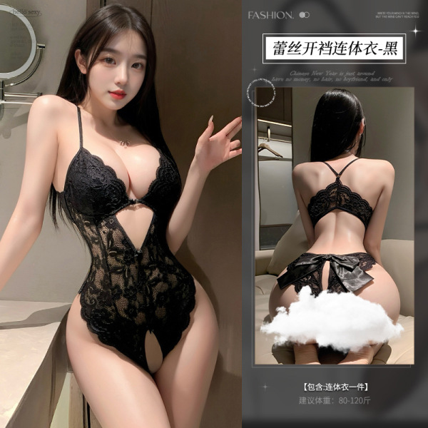 Mannyan Sexy Lace Open-Crotch Bodysuit for Women – Sheer Provocative Sleepwear & No-Remove Lingerie - A-Black-with-padded bra [One-piece bodysuit]