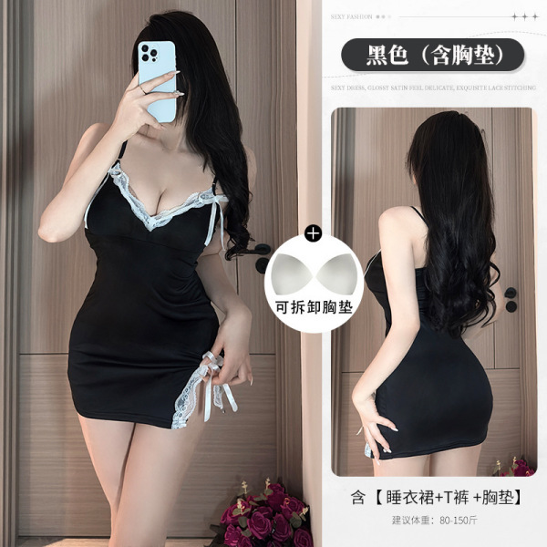Pure & Sexy Lace Bodysuit for Women - Trendy Sheer Mesh Sleep Dress with Built-in Padded Bra, Lounge & Nightwear - Black (with breast pads)
