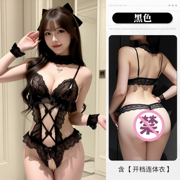 Sheer Lace Sexy Bodysuit for Women – Open-Crotch Sensual Sleepwear & Date Night Outfit - Black outfit (includes bracelet, neckband, and top)