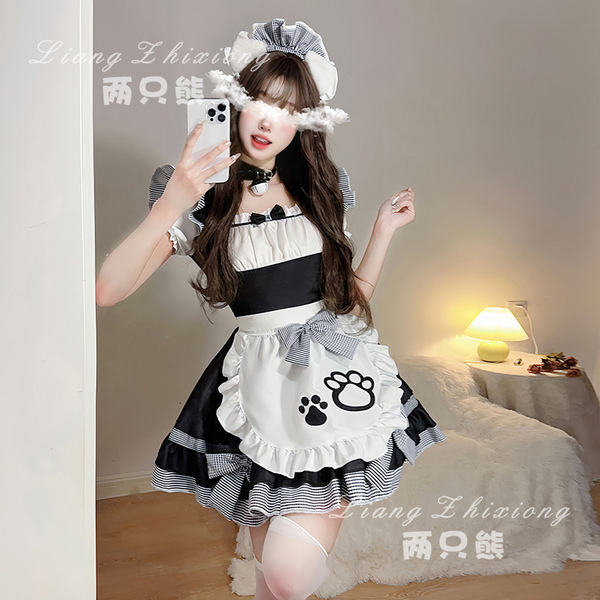 New Kawaii Maid Dress - Sexy Lolita Cosplay Outfit for Women, Cute Anime Servant Costume - Black cat-themed maid outfit + white socks + collar
