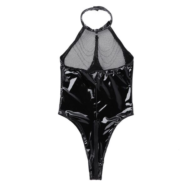 Gothic PVC Bodysuit for Women – Mirror-Finish Dark Nightclub Outfit with Open-Crotch & Cut-Out Bust - Black without chain