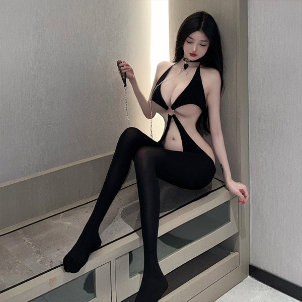 Sexy Europe and America-Style Bodysuit Set with Sheer Mesh Top, Open-Crotch Tights & Halter Neck Design - Black with matching chain
