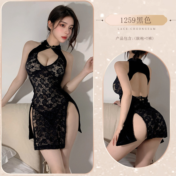 Sexy Sheer Lace Cheongsam-Inspired Women's Lingerie Sleepwear - Transparent Seductive Nightgown with Open-Crotch Design - Black cheongsam + lace stockings