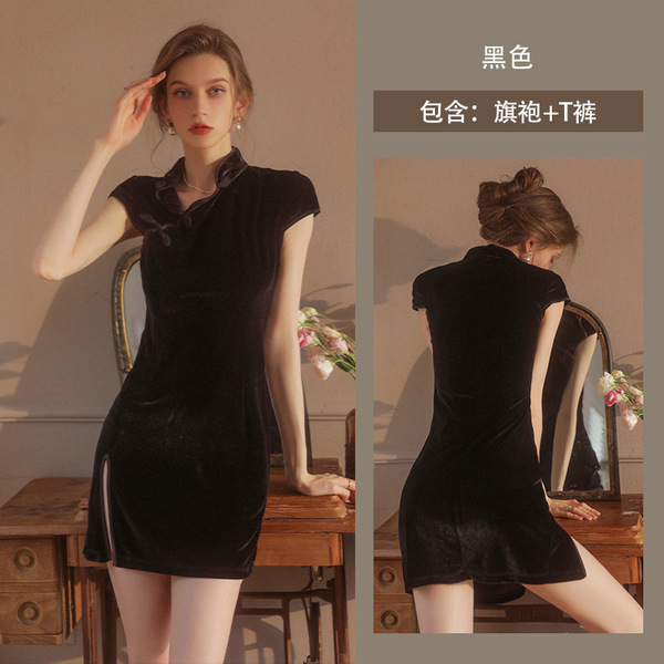 Sexy Lace-Trimmed Cheongsam Sleep Dress with High Slit & Cut-Out Details - Plus Size Temptation Lingerie Set - Black [cheongsam + T-shirt]