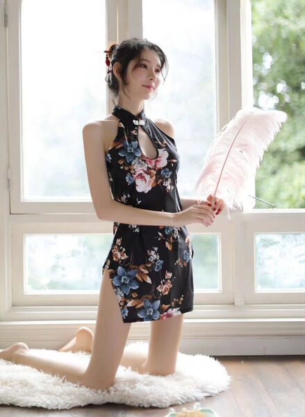 Mannyqing Lace Low-Cut Chemise Sleep Set – Ice Silk Sexy Sleepwear & Lounge Outfit for Women - 019 Black Cheongsam