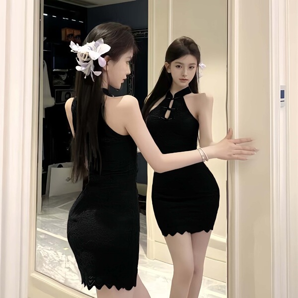 Purple Lace Mandarin Collar Cheongsam Dress - Sexy Sheer Open Front Robe Style Nightwear - Black cheongsam