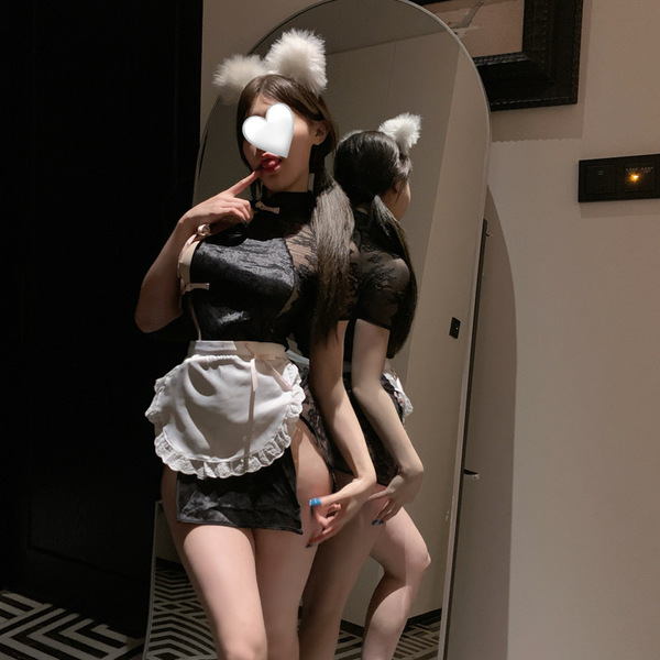Pure & Seductive Lingerie Set - Modest Yet Alluring Qipao-Inspired Sleepwear & Cosplay Outfit - Black [cheongsam + T-shirt + black stockings]