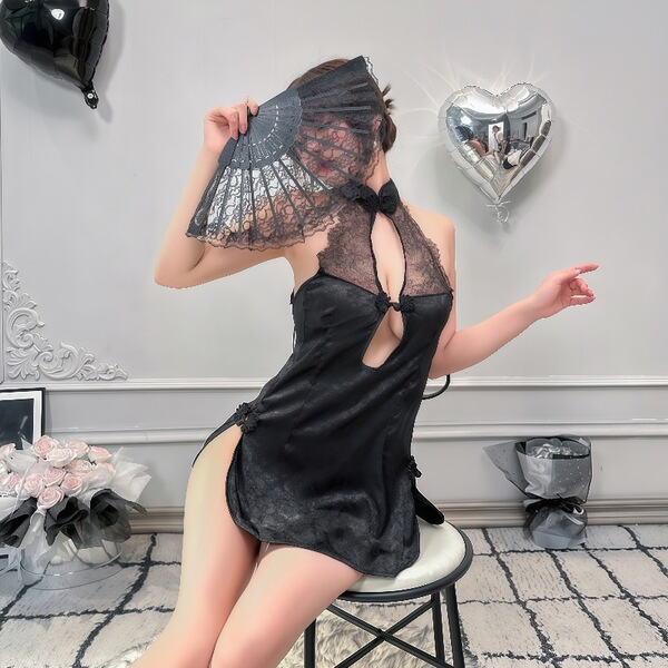 Retro Lace Cheongsam Lingerie for Women - Sexy Sheer Mesh Backless Vintage Erotic Outfit, One-Piece Costume - Black cheongsam + T-shirt