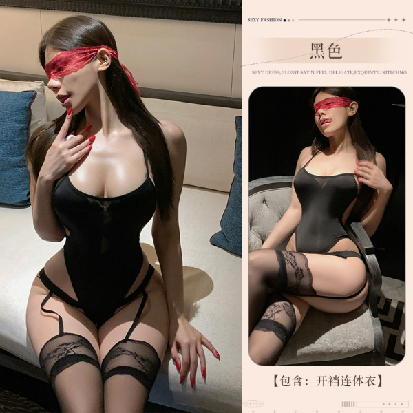 Pure & Playful Lingerie Set - Sexy Sheer Sleepwear, Flirty Bikini-Style Sensual Outfit for Women - Black school swimsuit + matching socks + eye mask
