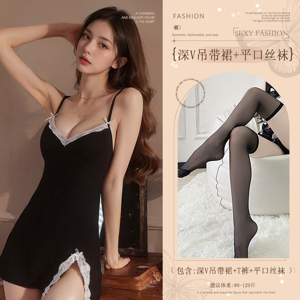 Red Pure-Temptation Lingerie Gown for Women – Sexy New Year Nightwear with Slit & Strappy Details - Black (deep V-neck slip dress + thong + boxer stockings)