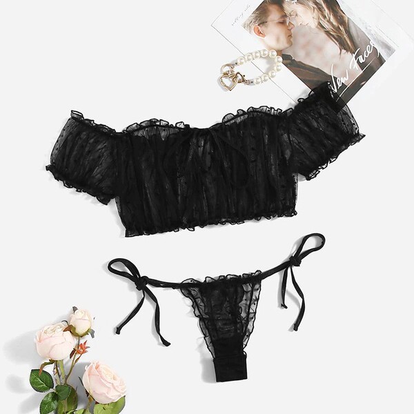 Summer Off-Shoulder Lace Sleepwear Set for Women – Floral Mesh Bralette & Matching Bottoms with Adjustable Ties - 026 Black Dots