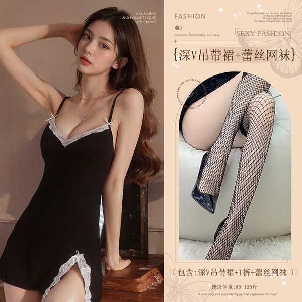 Red Pure-Temptation Lingerie Gown for Women – Sexy New Year Nightwear with Slit & Strappy Details - Black (deep V-neck slip dress + thong + lace fishnet stockings)