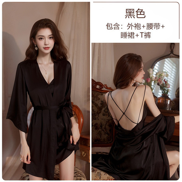 Seductive Ice Silk Backless Sleepwear Set - Sexy Lingerie Nightgown & Robe, No-Remove Passion Outfit, European Style - Black (slip dress + T-shirt + outer robe + belt)