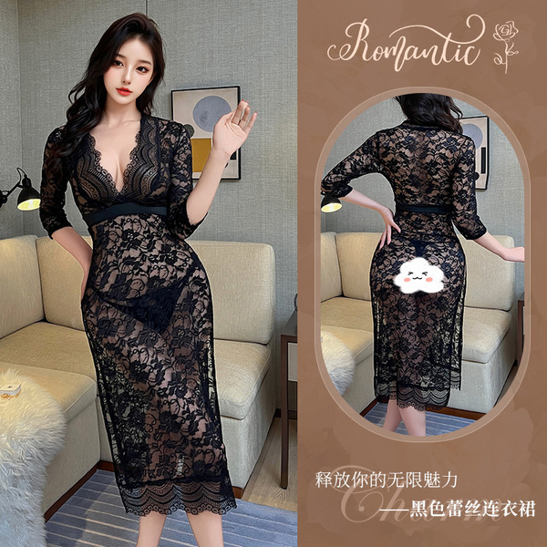 Plus Size Seductive Lace Dress Set - Busty Curvy Women's Bodycon Mini Dress with Sheer Mesh & Sexy Long Sleeve - Black skirt + underwear