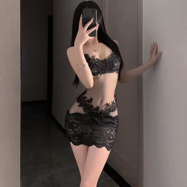 Seductive Lace Bodysuit for Women - Sexy Open-Crotch Maid Costume, Playful Lingerie Set for Date Night - Padded bra! Black [embroidered tulle skirt + thong]