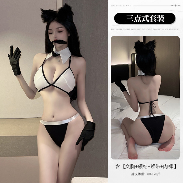 Qingruohan Sensual Lingerie Set - Pure & Tempting No-Remove Thong Bra Set, Plus Size 2660 Erotic Bedroom Outfit - Image color + black gloves