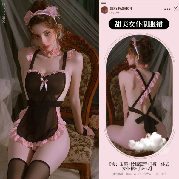 Mannyan Sexy Lingerie Set for Women - Sheer Lace Backless Maid Costume with Adjustable Straps & Sweet Roleplay Outfit - 6921183365165 Black [Headband + Necklace + Maid Dress + Bracelet * 2] + Matching Stockings