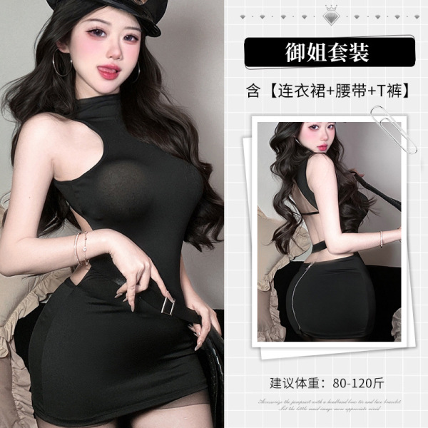 Sexy Police Costume Bodysuit for Women - Hot Hook-Neck Backless Tight Mini Dress with Seductive Pure-Yu Style - Image color + silver label black hat