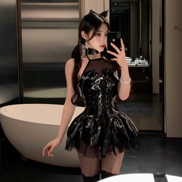 Seductive Devil-Themed Lingerie Dress - Open-Crotch Bondage Style PVC Mini Dress for Couples - Black suit + lace stockings