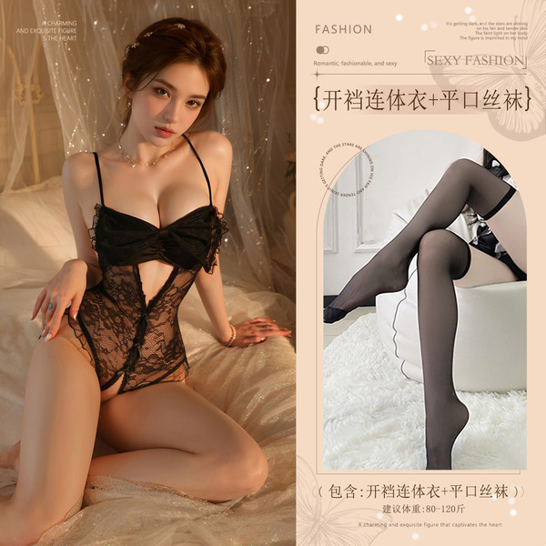 French-Style Sheer Lingerie Bodysuit with Large Bow & Open-Crotch Design – Busty-Looking, Bed-Ready, No-Remove Elegance - Black (large bow crotchless bodysuit + boxer stockings)