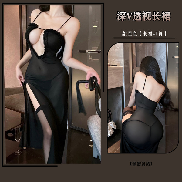 Mannyu Sexy Lingerie Dress - Sheer Mesh High-Slit Evening Gown for Women,European and American Style Erotic Outfit - Black floral print dress with exposed breasts + thong and black stockings