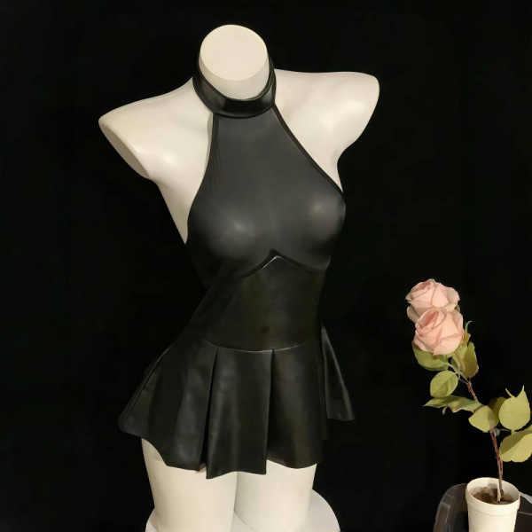 Plus Size Sexy Lingerie Sheer Pleated Mini Leather Skirt Set - Busty OI Uniform Style Outfit for Confident Women - Black patent leather mini skirt + matching suspender stockings + matching gloves