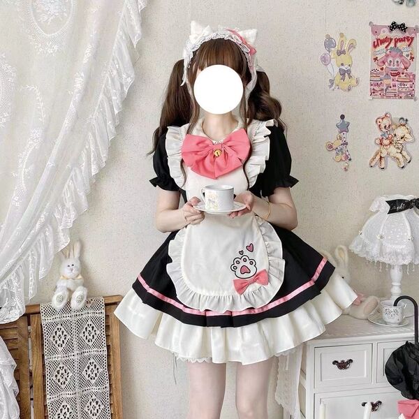 New Japanese Lolita Dress for Girls - Cute Kawaii Student A-Line Skirt, Soft Girly Princess Daily Outfit - Black and pink Lolita three-piece set (skirt + large bow + apron)
