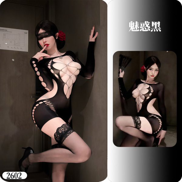 YueDie Seductive Lingerie Set - OL Style Pure & Tempting Bodycon Dress with Lace Stockings - 2602 Black Enchantment Hollowed-out ◆Entwined Desire Garment ◆【Mesh Clothing Item】