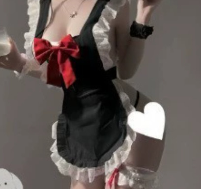 Wanhou Heart Apron Cosplay Maid Costume Set - Sexy Adult Sleepwear & Uniform Outfit for Women - Black maid + black tulle skirt