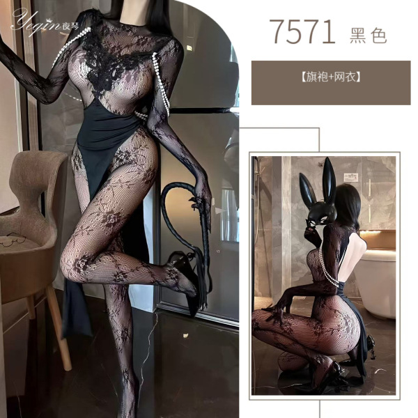 Sensual Modest Stockings Set - Black Silk-Look Lace Trimmed Corset-Style Mini Dress & Sheer Tights for Playful Elegance - black
