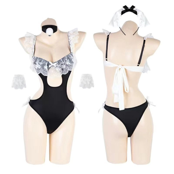 Women's Lace Sensual Babydoll Bodysuit - Sexy Maid Outfit with Hidden Snap Closure, Pure & Tempting Lingerie Set - As shown in the picture + black fishnet stockings