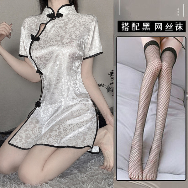 Sexy Qipao Lingerie Set - Seductive Silk Sleepwear & Roleplay Costume for Women - [2006 White] + [Black Fishnet Stockings]